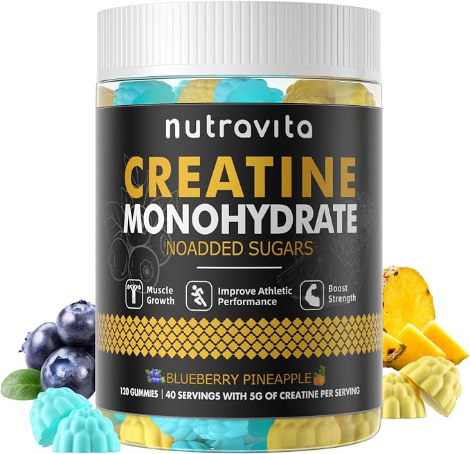 Nutravita NSF Certified Creatine Gummy - Creatine Monohydrate Gummies for Men & Women-5g of Creatine Monohydrate per Serving - Sugar Free,Vegan,Blueberry Pineapple Flavor, 120 Count