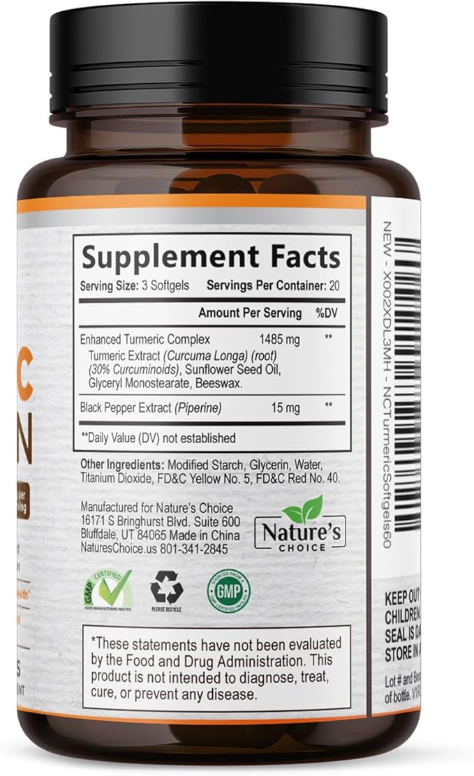 Turmeric Curcumin Supplement Complex - BioPerine Black Pepper Extract Advanced Absorption Curcuminoids for Nature's Joint Support - Antioxidant Herbal Supplement for Women & Men, Non-GMO - 60 Softgels
