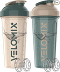 VELOMIX -2 Pack- 28 oz Protein Shaker Bottles for Protein Mixes - 2x Wire Whisk | Leak Proof Shaker Cups for Protein Shakes and Pre Workout | Protein Shaker Bottle Pack (A6) Blue/Beige