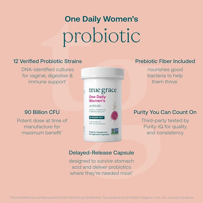 True Grace One Daily Women’s Probiotic - 60 Vegetarian Capsules - 90 Billion CFU - Digestive, Vaginal & Immune Health - Gluten & Soy Free - 60 Servings