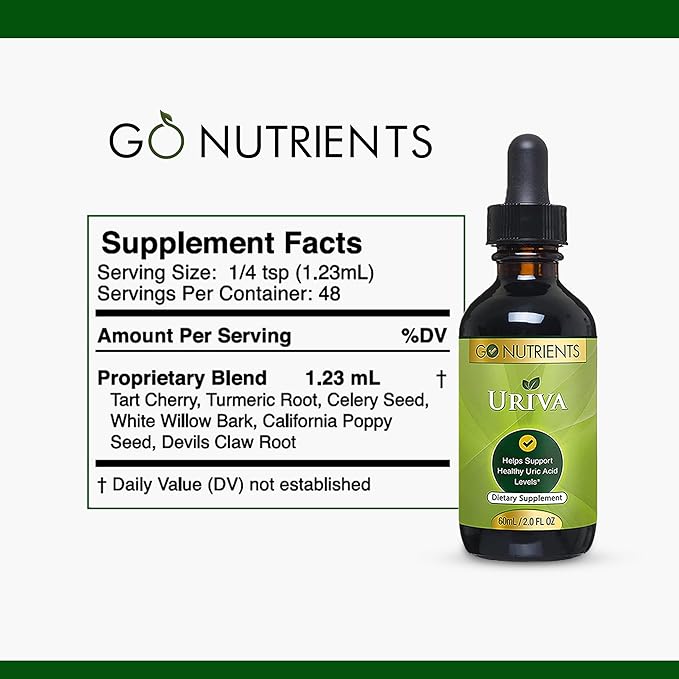 Go Nutrients Uriva - Advanced Uric Acid Flush Cleanse with Tart Cherry Extract Celery Seed, Turmeric & More - High Absorption Liquid Drops Supplement for Joints and Kidney 2.0 oz. | 48 Servings