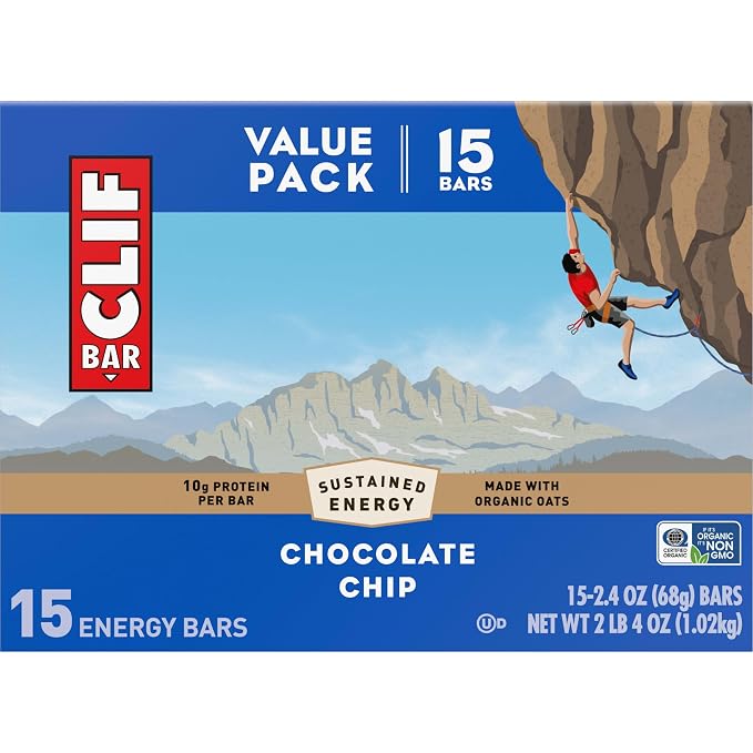 CLIF BAR - Energy Protein Bars - Chocolate Chip - Made with Organic Oats - Energy Bars - Non-GMO - 15 Count, (Pack of 4)