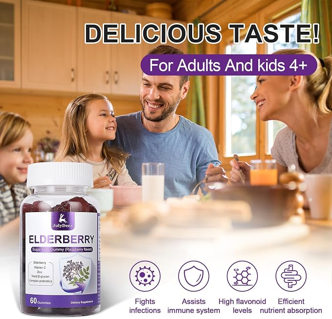60 Gummies Sambucus Elderberry Gummies - Immune Support for Adults and kids 4+ 5 in 1 with Vitamin C, Zinc, Yeast β-glucan, Probiotics Complex, Nature Elderberry Supplement, Non-GMO, Gluten Free