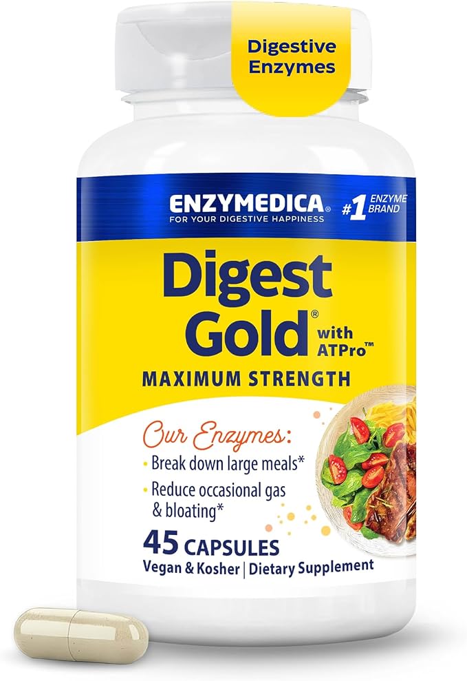 Enzymedica Digest Gold + ATPro, Maximum Strength Digestive Enzymes, Helps Digest Large Meals for Instant Bloating Relief, 45 Count
