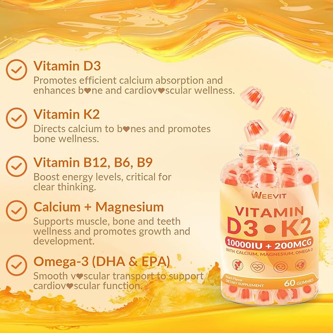 Vitamin D3 10000iu & K2 (as MK7) 200mcg Gummies w/Calcium, Magnesium, Omega-3, Vitamin C, B12, K2 D3 Supplement for Women & Men - Vegan, Sugar Free