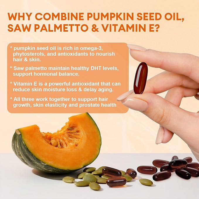Pumpkin Seed Oil with Saw Palmetto Capsules, High Concentrated Pumpkin Seeds Oil Supplement, Cold Pressed, Supports Hair, Urinary, Bladder & Prostate Health, Vegan, Non-GMO, 360 Softgels