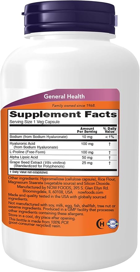NOW Foods Supplements, Hyaluronic Acid 100 mg, Double Strength with L-Proline, Alpha Lipoic Acid and Grape Seed Extract, 180 Veg Capsules (1)