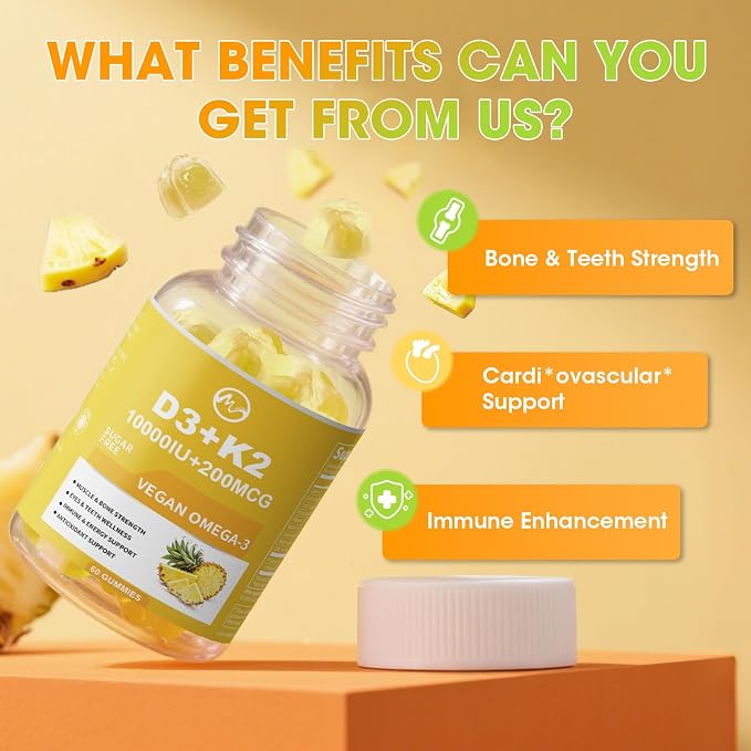 M inch Vitamin D3 K2 Gummies, Vitamin D3 10000IU, K2 (MK-7) 200mcg, 6-in-1 Vitamina D3 con K2 Supplement with Omega-3 for Women and Men - Bones, Teeth & Immune Support, Sugar Free, 2 Pack