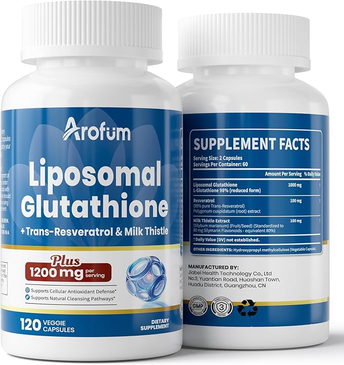 Liposomal Glutathione 1000mg, with Resveratrol & Milk Thistle | High Absorption Reduced Glutathione liposomal Supplement | 120 Vegan Capsules for Skin Health, Immune & Liver Support