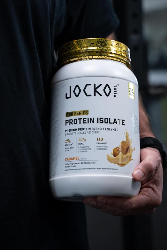Jocko Fuel Whey Protein Isolate Pro Series, Caramel, 25g Low Lactose Whey + Beef Collagen, with Digestive Enzymes + Probiotics, 4.7g BCAAs, Low Carb, 25 Servings