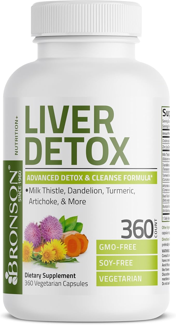 Bronson Liver Detox Advanced Detox & Cleansing Formula Supports Health Liver Function with Milk Thistle, Dandelion Extract, Turmeric, Artichoke Leaf & More, Non-GMO, 360 Vegetarian Capsules