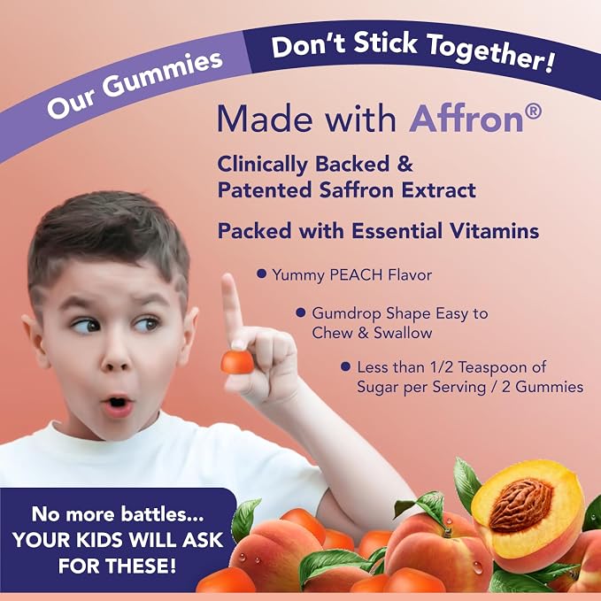 NutriMagic Kids Brain Booster+ Affron® Saffron Extract, 2IN1 Cognitive Support & Multivitamin D3, B6, B12, Zinc Gummies Supplement, Supports Focus, Attention, Memory, Mood Balance - 60 Peach Gummies