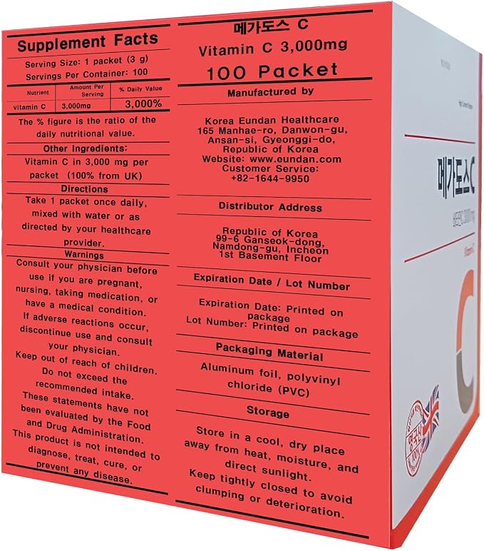 Korean Powder Vitamin Stick, Individually Packaged Powder Stick, for K.O.R.E.A.E.U.N.D.A.N Vitamin C 3,000mg (100 Packets, 300g)