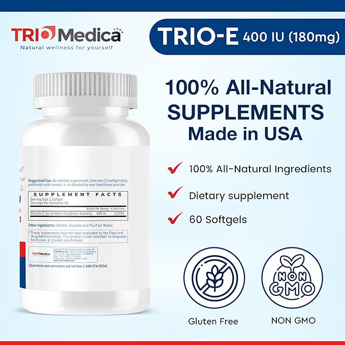 Trio-E 400 IU Vitamin E (400 IU) dl-Alpha, Dietary Supplement for Antioxidant Health & Immune System, 60 Softgels