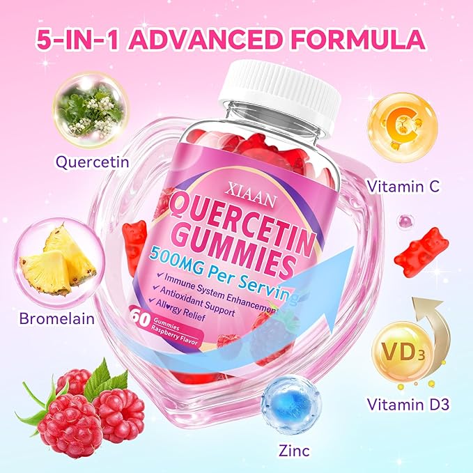 Quercetin Gummies 500mg for Kids & Adults, Organic Quercetin Supplements with Bromelain Zinc Vitamin C and D3 Support Antioxidant & Immune System Health, Strawberry Flavor 120 Count