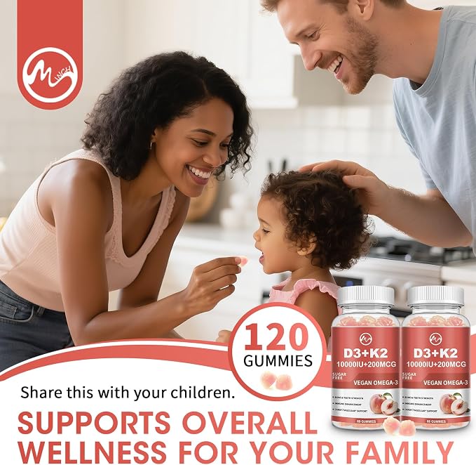 M inch Vitamin D3 K2 Gummies, Vitamin D3 10000IU, K2 (MK-7) 200mcg, 6-in-1 Vitamina D3 Con K2 Supplement with Omega-3, Magnesium and Calcium for Bones, Teeth & Immune Support, Sugar Free, 2 Packs