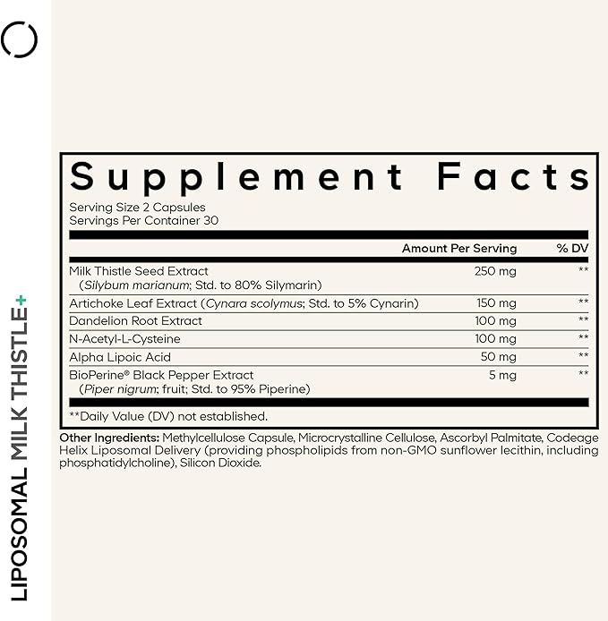 Codeage Liposomal Milk Thistle+ Supplement - Silymarin from Silybum Marianum, NAC, Artichoke Leaf, Dandelion Root, Alpha Lipoic Acid, BioPerine, Liposomal Delivery - Non-GMO - 60 Capsules