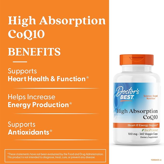 Doctor's Best High Absorption CoQ10 100mg with BioPerine Supplement - Coenzyme Q10 Caps for Heart Health & Antioxidant Support, CoQ10 100 mg for Women & Men, Non GMO - 360 Veg Capsules
