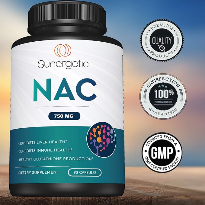 Sunergetic Premium NAC Supplement N-Acetyl Cysteine – 750mg Per Capsule – Supports Liver, Detox Immune, Cellular & Respiratory Health – 90 N Acetyl Cysteine Capsules