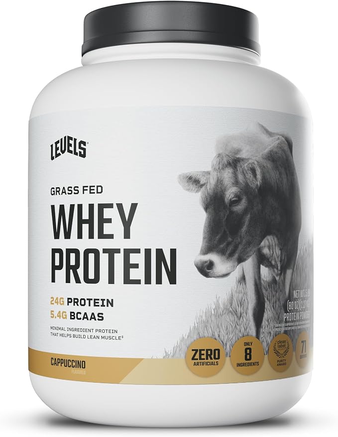 Levels Whey Protein Powder, No Artificial Ingredients, Cappuccino, 5LB | 24G of protein and 5.4G BCAAs per scoop, made with hormone-free dairy, zero junk, no fillers, no added sugar, certified clean