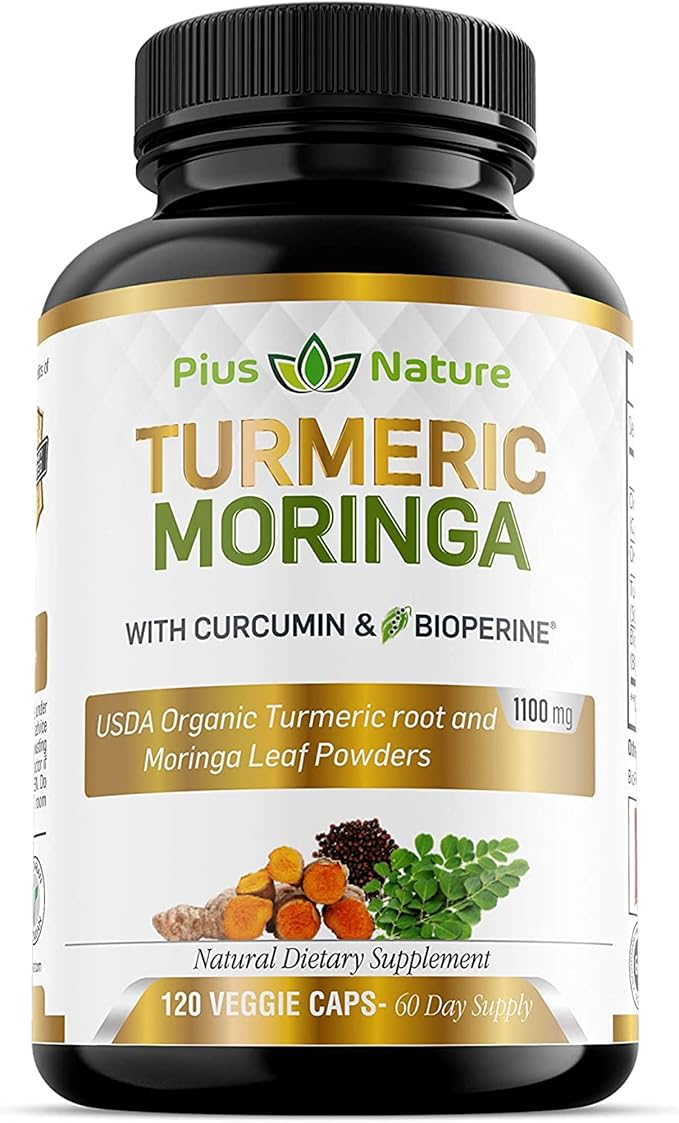 PIUS NATURE Turmeric Moringa - Organic Turmeric Curcumin Supplements and Organic Moringa Powder - 120 Veggie Capsules Supplement for Women and Men