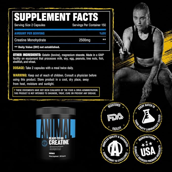 Animal Micronized Creatine Monohydrate Capsules - 300 Caps, 2500mg per Serving to Support Muscle Growth, Endurance, ATP Production, Cognitive Function, Strength, Recovery, and Delay Muscle Fatigue