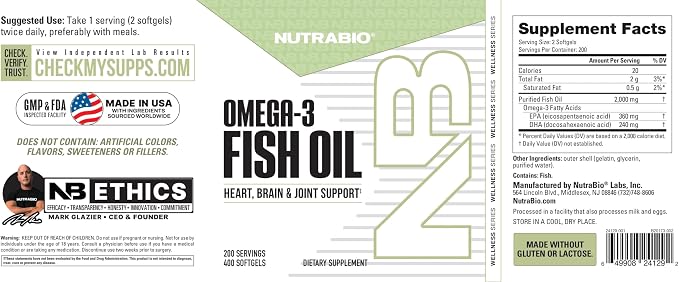 NutraBio Omega 3 Fish Oil Supplements, 2,000mg, 400 Softgels - EPA DHA Omega 3 Fatty Acid Supplement to Help Support a Healthy Heart
