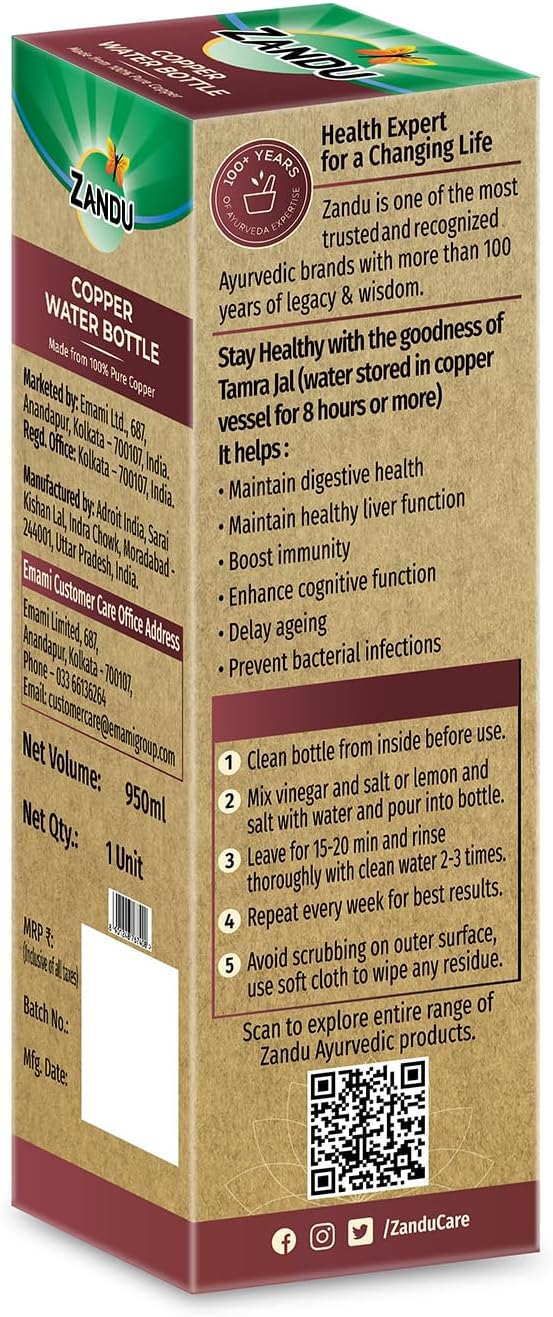 Zandu Copper Bottle (Green): Prepared with 100% Pure Copper | Useful in Promoting Overall Health (Pack of 950 ml)