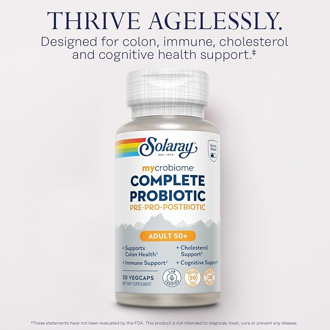 SOLARAY Mycrobiome Complete Probiotic Adult 50 Plus - Pre and Probiotics for Women and Men Plus Postbiotic - 50 Billion CFU, 28 Strains - Vegan - 30 Servings, 30 VegCaps