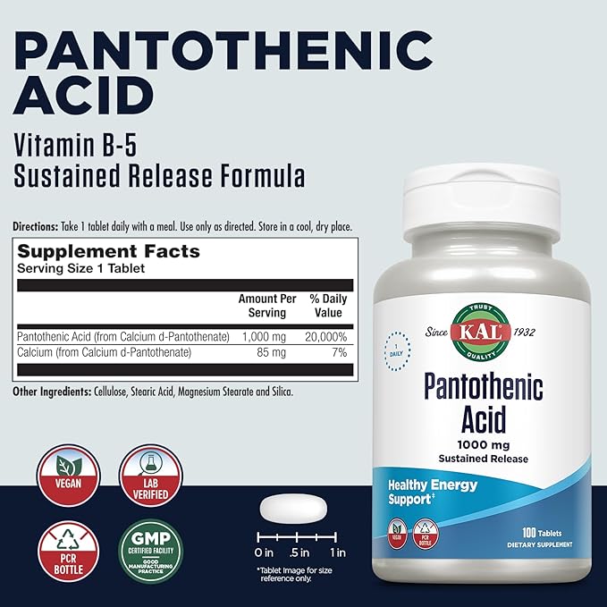 KAL Pantothenic Acid 1000mg Supplement for Men & Women - Vitamin B5 1000 mg, Supports Cellular Energy Metabolism, Nerve Function, Sustained Release, Vegan - 100 Tablets