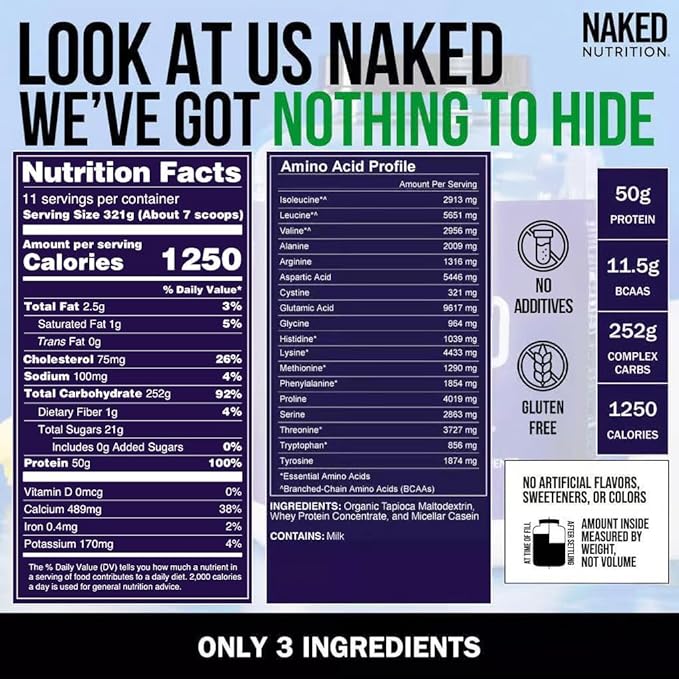 NAKED Mass - Natural Weight Gainer Protein Powder - 8 LB Bulk, NSF Certified, GMO Free, Gluten Free & Soy Free. No Artificial Ingredients - 1,250 Calories per Serving