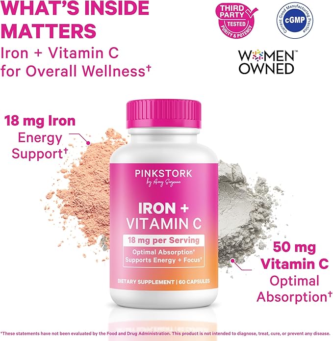 Pink Stork Iron for Women, 18 mg Non-Constipating Iron Bisglycinate + Vitamin C for Optimal Absorption, Energy, Focus & Oxygen Support, PMS, Pregnancy, Postpartum & Perimenopause, 60 Capsules