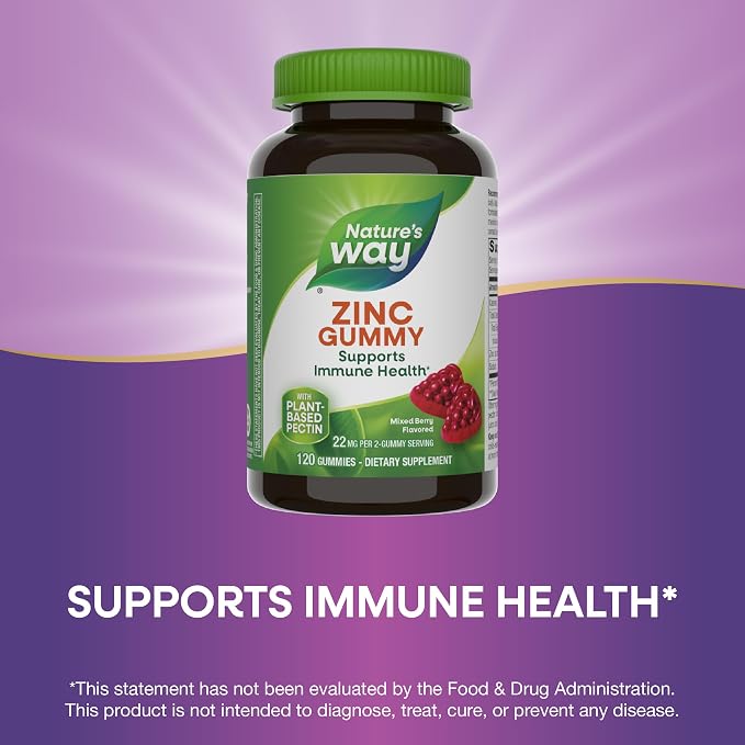 Nature's Way Zinc Gummies, Immune Support Gummy with 100% Daily Value of Zinc per 1-Gummy Serving*, Adults & Kids 9+, Gluten Free, Plant-Based Pectin, Mixed Berry Flavored, 120 Gummies