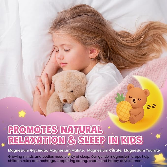 Magnesium Complex Liquid for Kids - Magnesium Glycinate, Malate, Taurate, Citrate with Calcium, Omega-3, L-theanine, Zinc,Vitamin B6 D3 C for Sleep, Relaxation, Calm & Focus, Pineapple Flavor, 2 Fl Oz