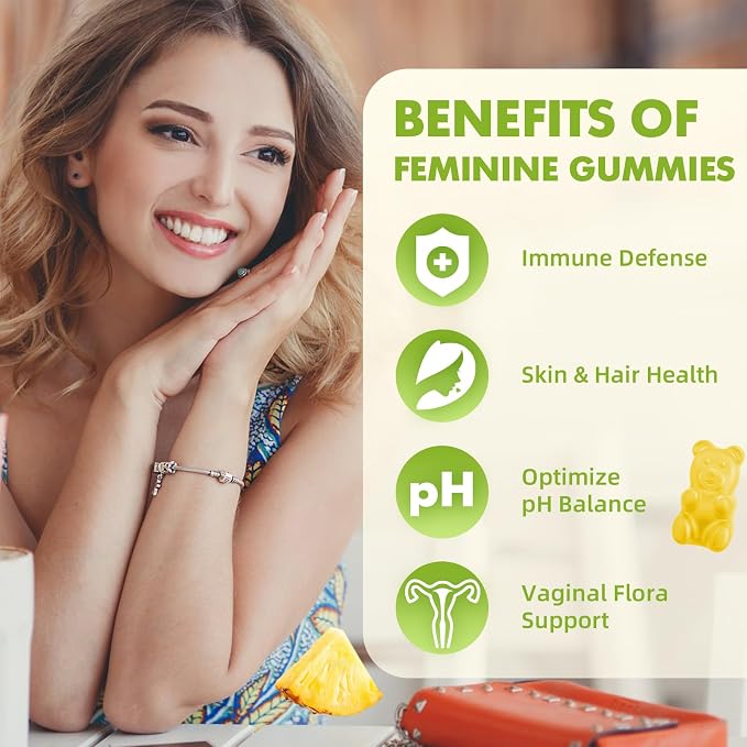 softbear Premium Feminine Balance Gummies for Women, Pineapple PH Balance Gummies for Women's Healthy Odor, Flora, Vaginal, Immune Support, Vegan, Gluten-Free, 60 Gummies