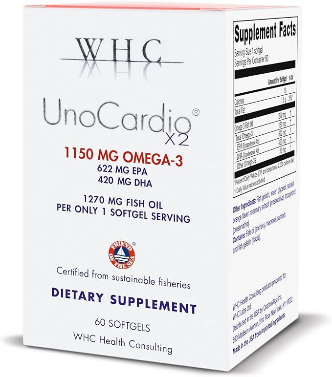 WHC, UnoCardio X2 Fish Oil, Triglyceride Omega-3 Fatty acids, 1270 mg Fish Oil Supplement (622 mg EPA / 420 mg DHA/Total 1150 mg of Omega-3 per Serving), Natural Orange, 60 softgels