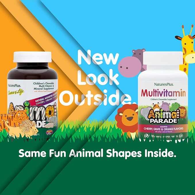 NaturesPlus Animal Parade Children's Chewable Multivitamin - 180 Animal-Shaped Tablets, Pack of 3 - Natural Assorted Flavors - Vegan, Gluten Free - 270 Total Servings