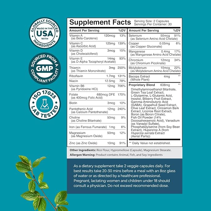 Bundle of Nootropic Brain Supplement for Mental Health & Clarity with VIT A, B6, Riboflavin, Niacin, Thiamin, Folate and Advanced Lion's Mane Mushroom Supplement - Brain Health Memory Support & Focus