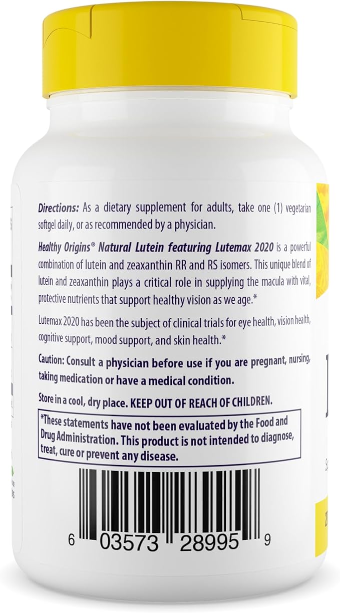 Healthy Origins Lutein 20 mg with Zeaxanthin 4 mg, 60 Veggie Softgels - Featuring Lutemax 2020, Clinically Studied Eye Health Formula - Supports Visual Function, Macular Health & Blue Light Protection