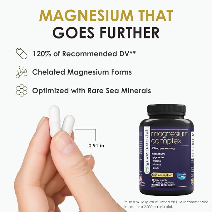 Greensential 5-in-1 Magnesium Complex 500mg | Glycinate, Malate, Citrate, Oxide & Aquamin® | Advanced Sleep, Muscle & Heart Support | Made in USA, Vegan, 120 Capsules