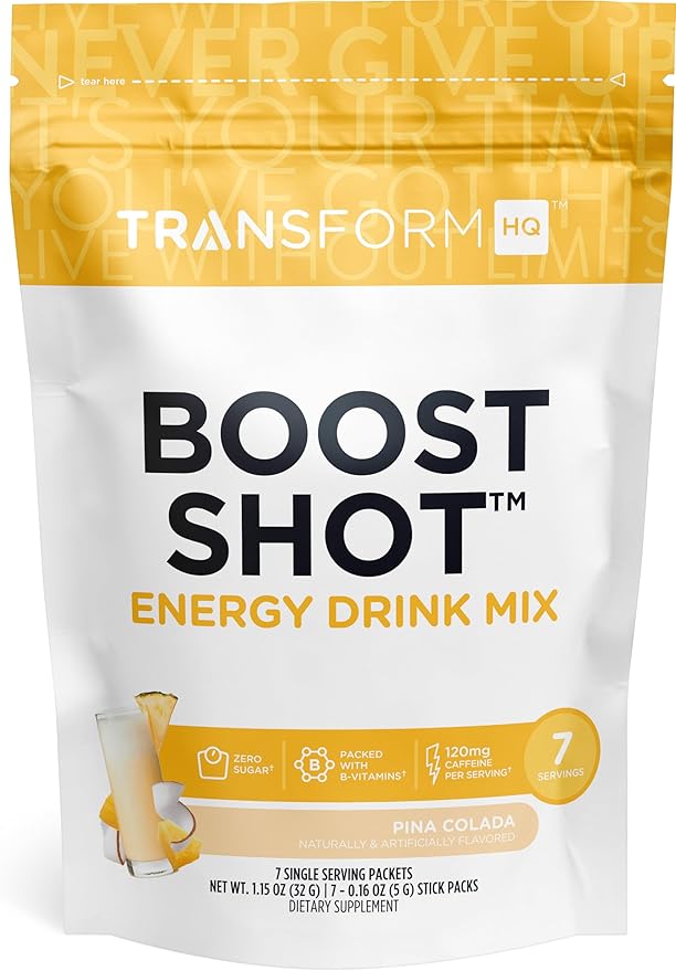 TransformHQ Boost Shot Powder Drink Stick Packets, Pina Colada, 7 Pack, Energy Supplements for Women & Men, with Caffeine, Vitamin B12, B9, B6 & B3