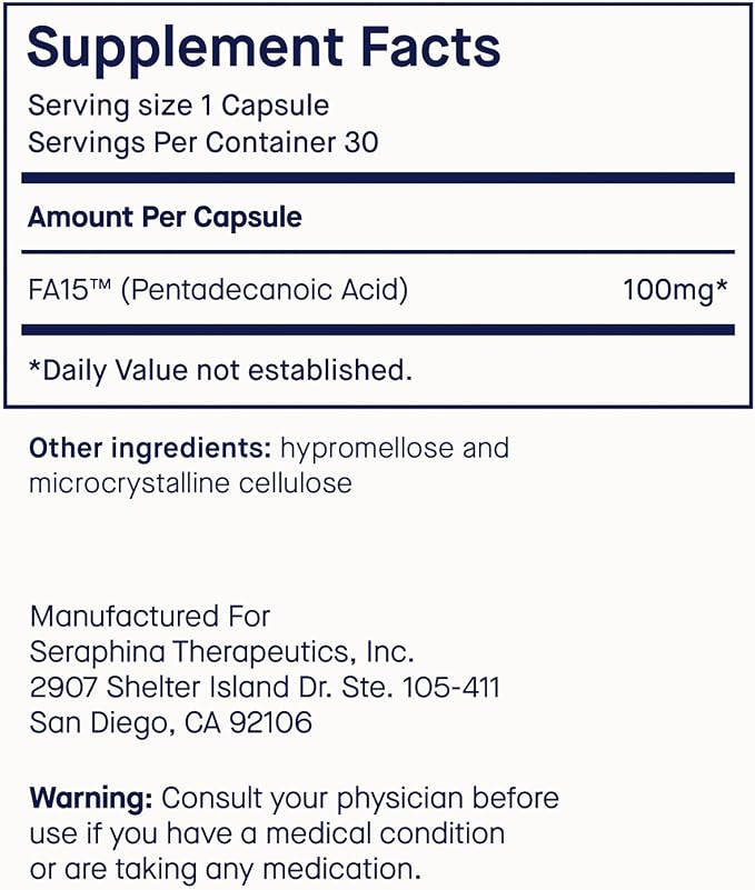 Fatty15 C15:0 Pentadecanoic Acid Supplement The Longevity Nutrient - 90 Vegan Capsules - 3X Cellular Benefits of Fish Oil EPA Omega 3 Supplements - Liver Support & Mitochondrial Health