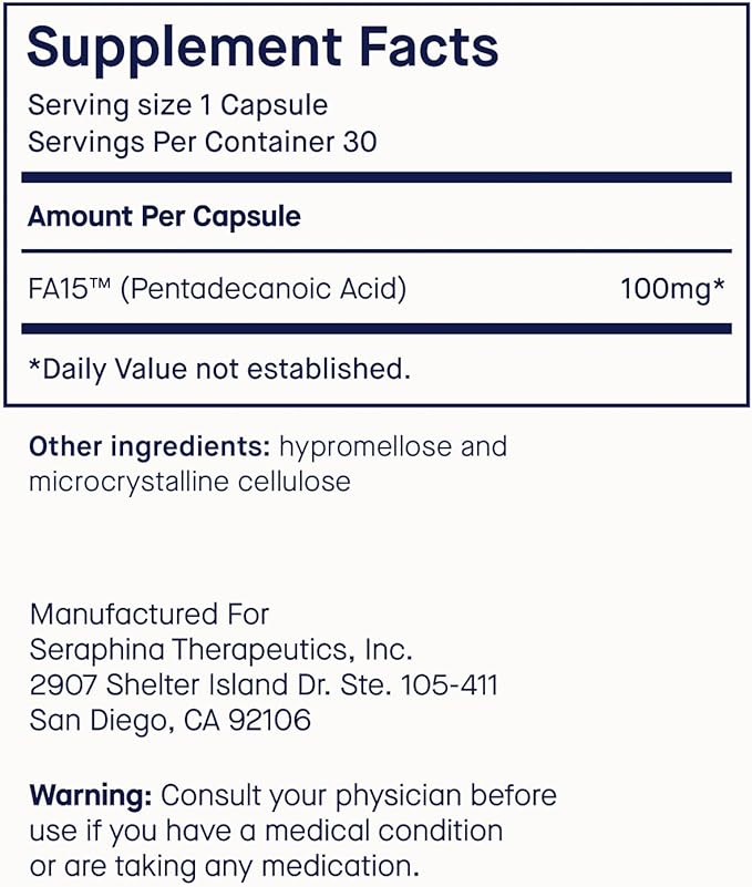 Fatty15 C15:0 Pentadecanoic Acid Supplement The Longevity Nutrient - 180 Vegan Capsules - 3X Cellular Benefits of Fish Oil EPA Omega 3 Supplements - Liver Support & Mitochondrial Health