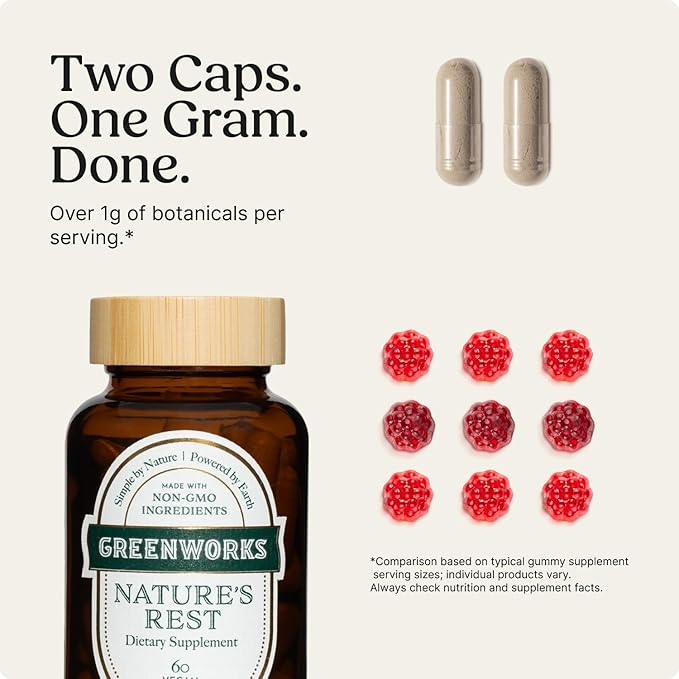 Greenworks Nature's Rest Melatonin-Free Sleep Aid, Organic Herbal Blend with Ashwagandha, Valerian, Chamomile & Passionflower, Non-Habit Forming Vegan Capsules for Restful Sleep, 60 Count