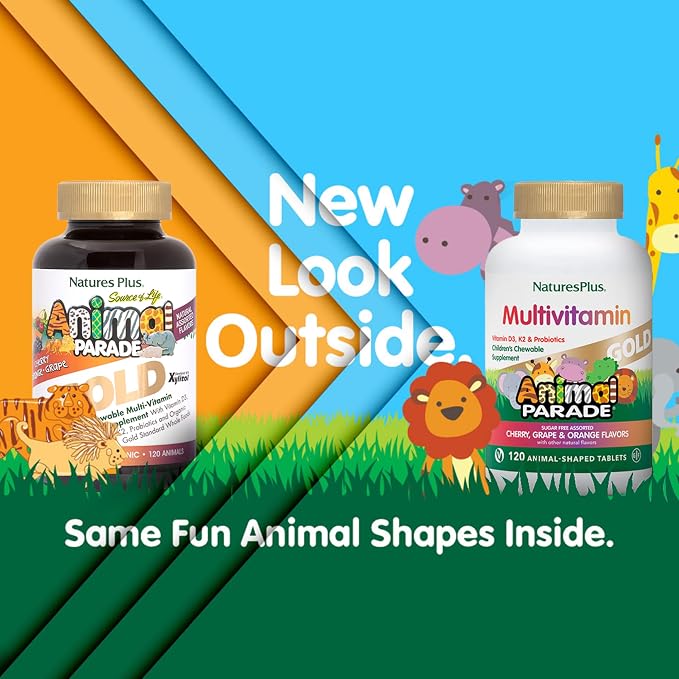 NaturesPlus Animal Parade Gold Children's Multivitamin - 120 Animal-Shaped Chewable Tablets - Assorted Cherry, Orange & Grape Flavors - Vegan, Gluten Free - 60 Total Servings