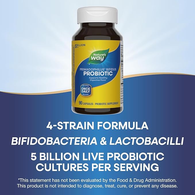 Nature's Way Primadophilus Bifidus Probiotic, Supports Digestive Flora*, 5 Billion Live Probiotic Cultures per Capsule, Lactobacilli, Bifidobacteria, 90 Capsules (Packaging May Vary) - 2 Pack