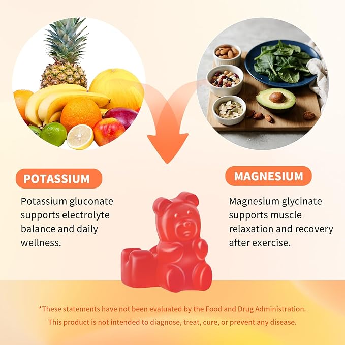 Potassium Magnesium Gummies – High Absorption Magnesium Glycinate – Magnesium Potassium Supplement Gummies with Vitamin B6, D3, B12 for Muscle Support, Sugar-Free Strawberry Flavor, 120 Count