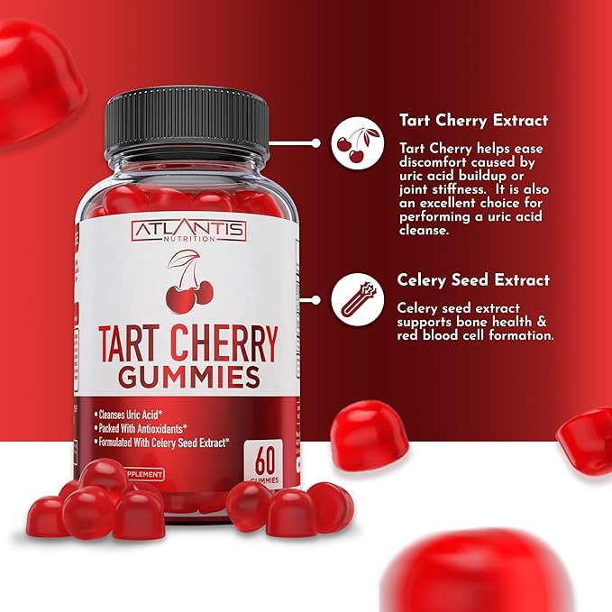 Atlantis Nutrition Tart Cherry Gummies with Celery Seed Extract - Advanced Uric Acid Cleanse for Immediate Relief | Joint Relief & Recovery | Powerful Antioxidant with Joint Support - 60 Gummies