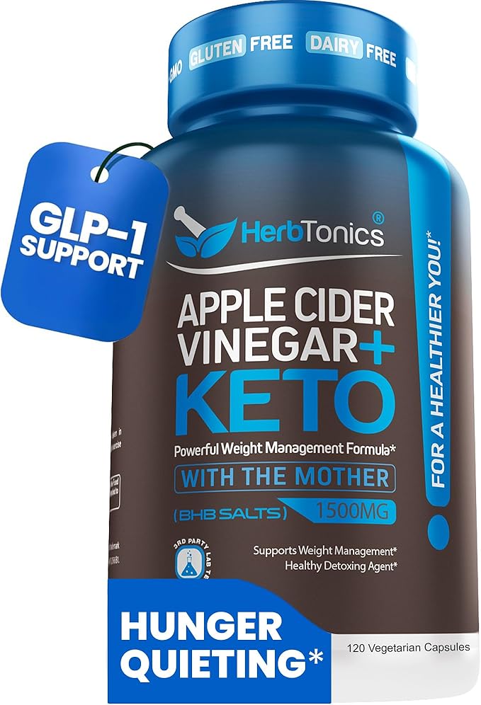 Herbtonics Apple Cider Vinegar + Keto BHB Capsules | GLP-1 Support for Appetite, Cravings & Weight Management | Metabolism Support with Satiety Support | 120 Capsules - 2 Month Supply