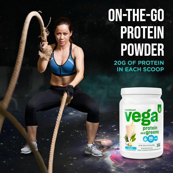 Vega Premium Protein + Supergreens, Vanilla – 20g Vegan Protein, Dairy & Gluten Free, 19.2 oz (18 Servings)